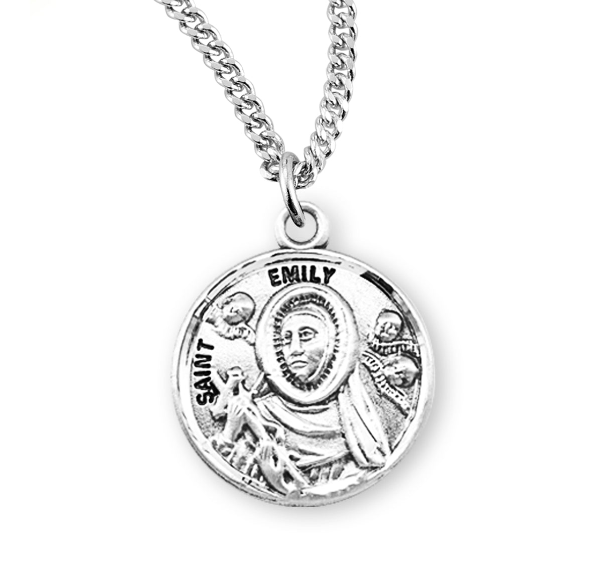 Patron Saint Emily Round Sterling Silver Medal Pendant with Chain