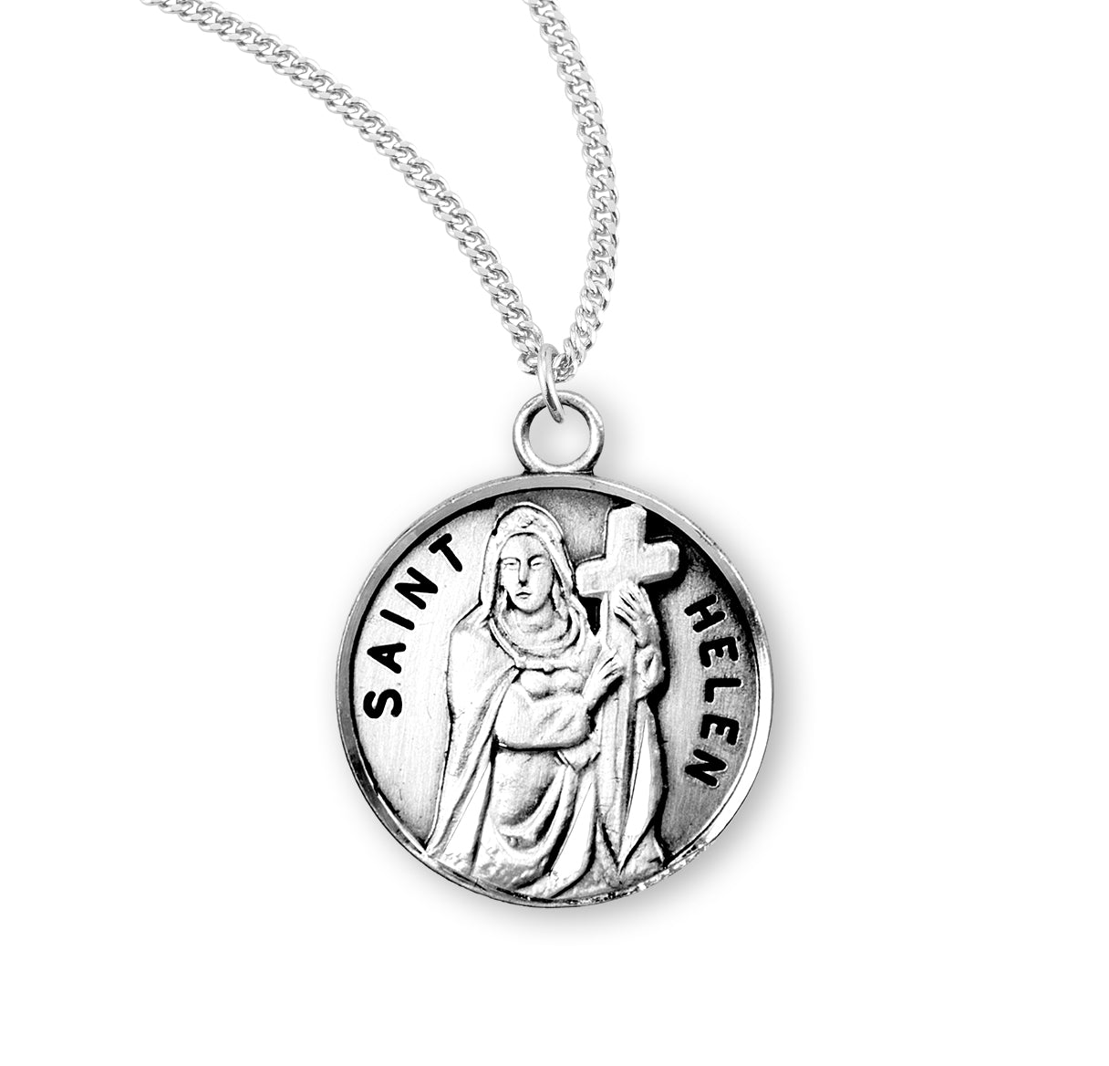 Patron Saint Helen Round Sterling Silver Medal Pendant with Chain