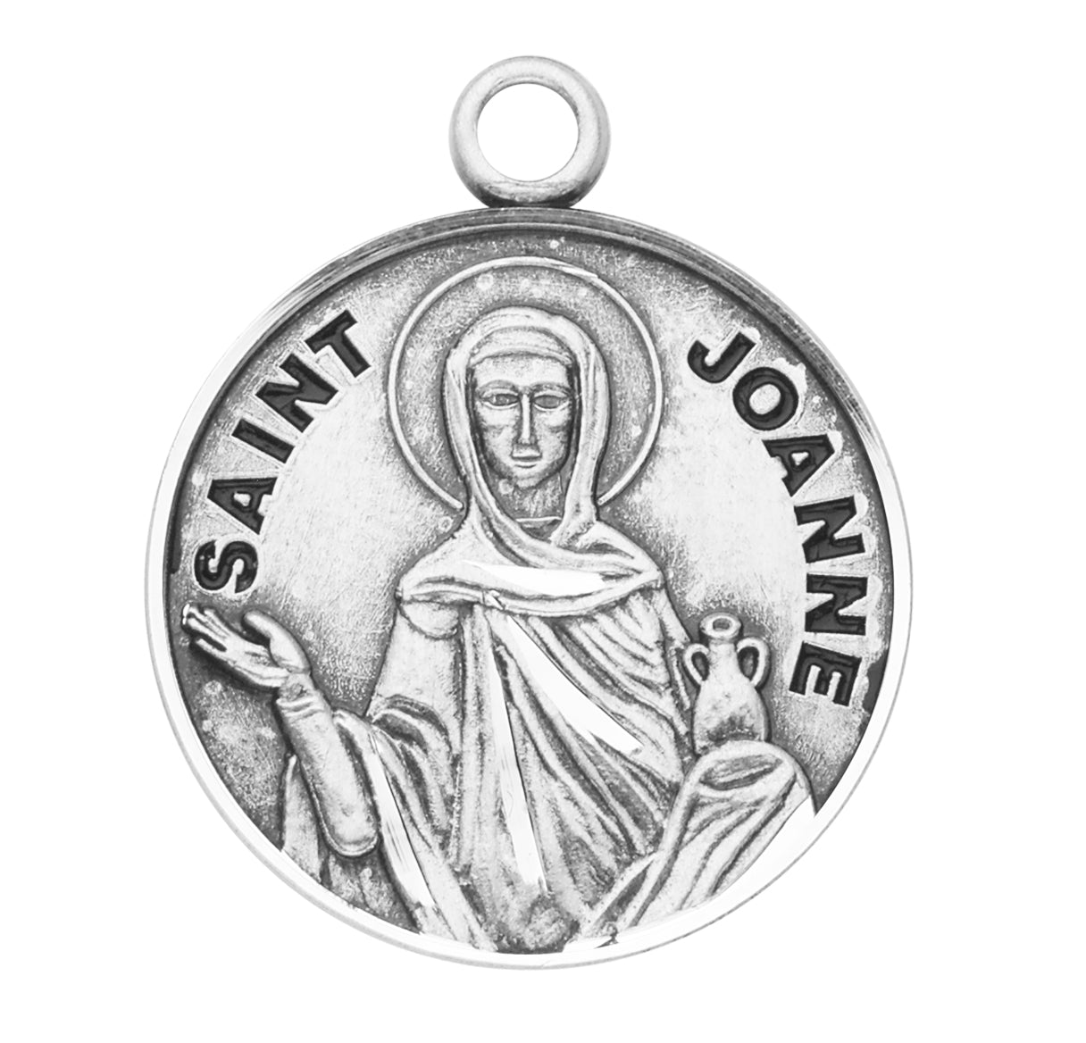 Patron Saint Joanne Round Sterling Silver Medal Pendant with Chain