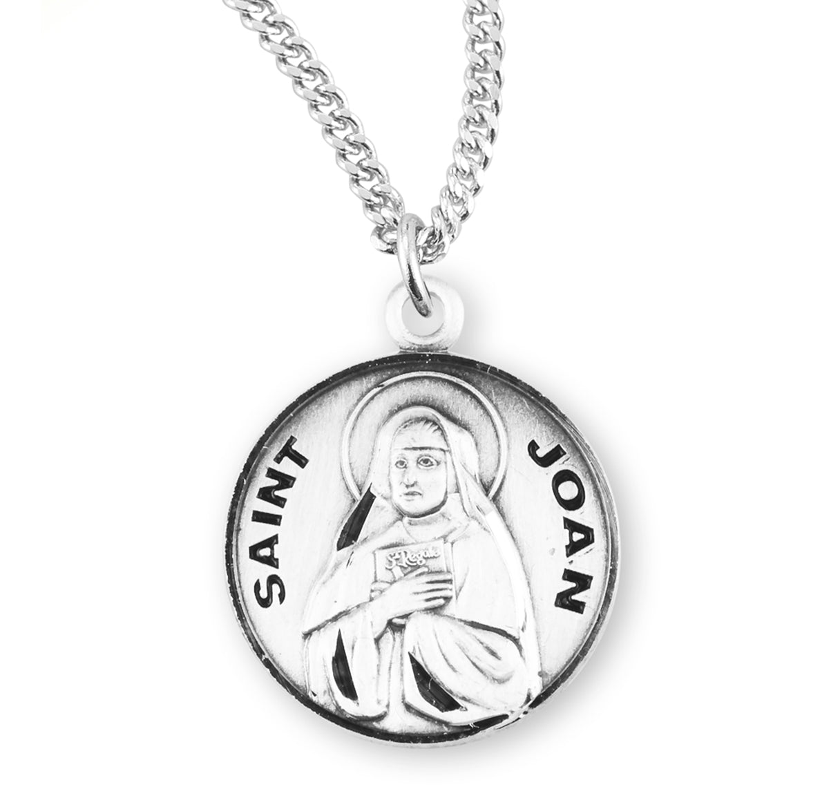 Patron Saint Joan Round Sterling Silver Medal Pendant with Chain