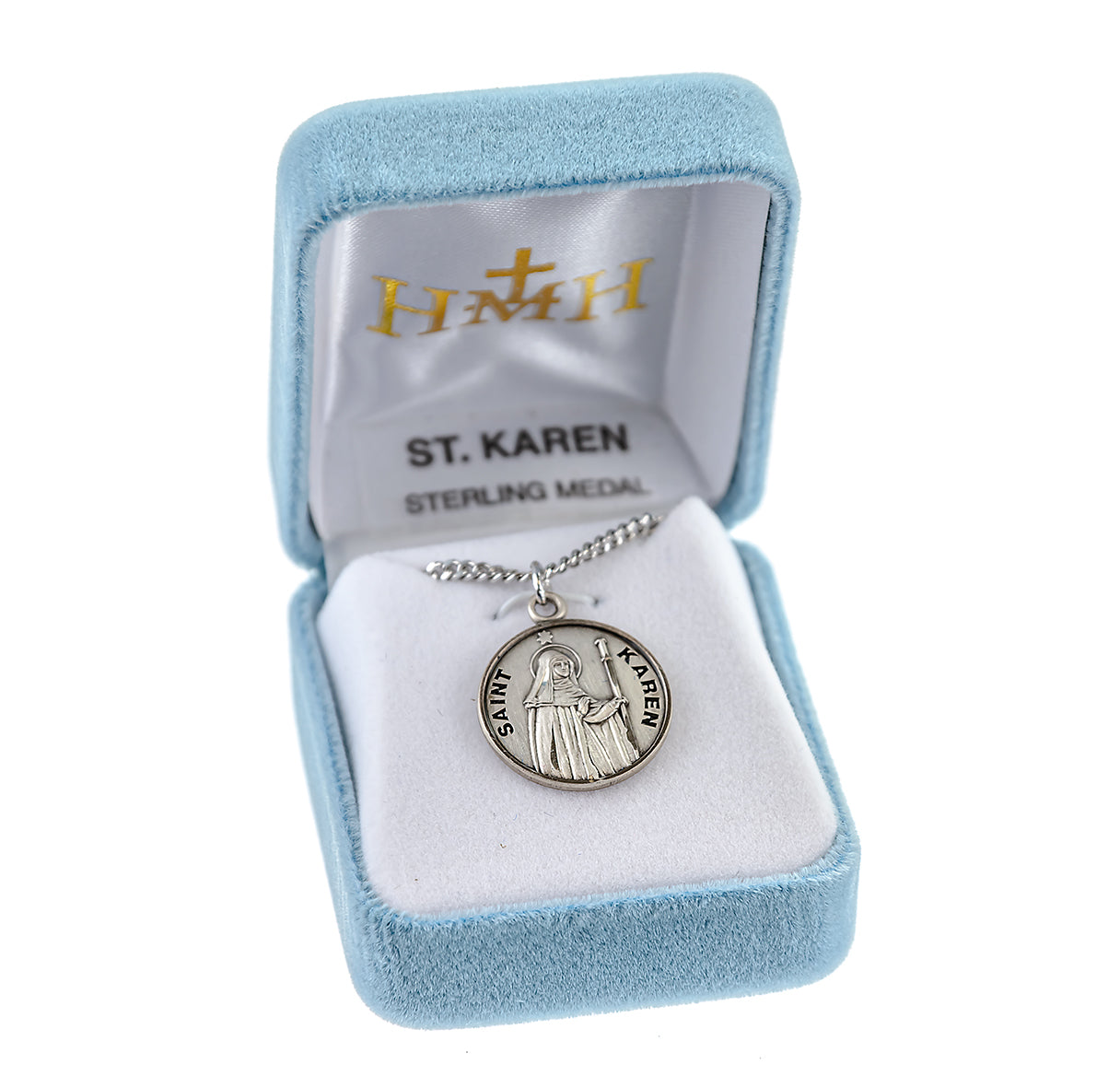 Patron Saint Karen Round Sterling Silver Medal Pendant with Chain