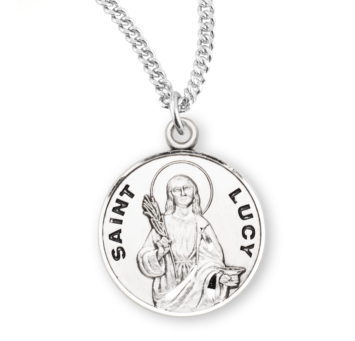 Patron Saint Lucy Round Sterling Silver Medal Pendant with Chain