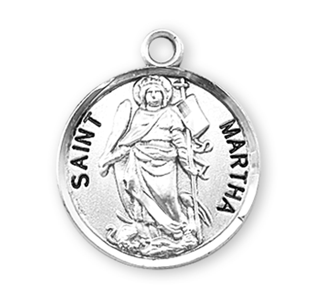 Patron Saint Martha Round Sterling Silver Medal Pendant with Chain