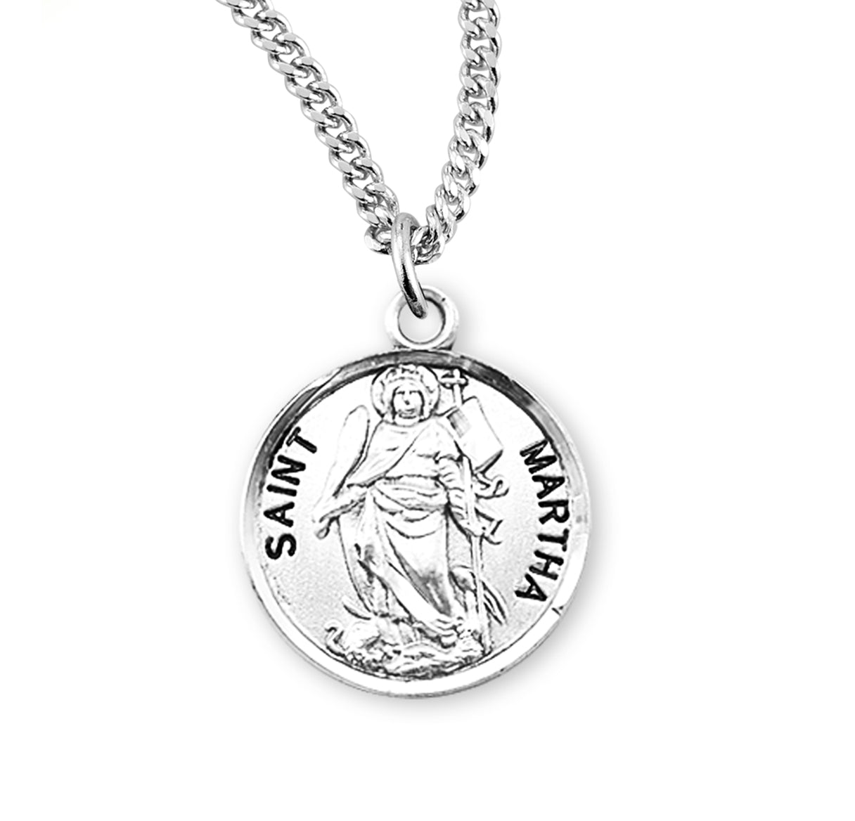 Patron Saint Martha Round Sterling Silver Medal Pendant with Chain