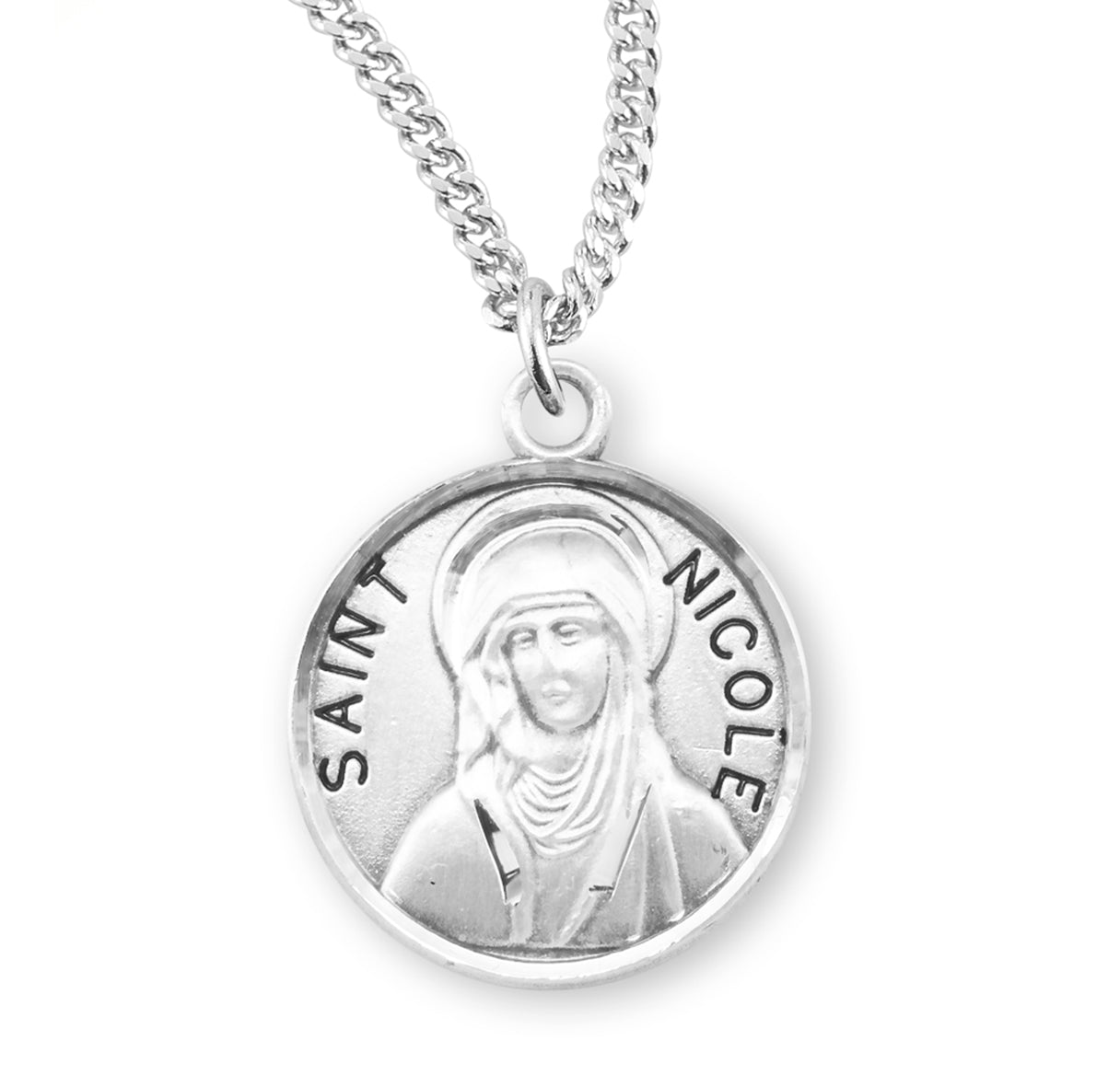 Patron Saint Nicole Round Sterling Silver Medal Pendant with Chain