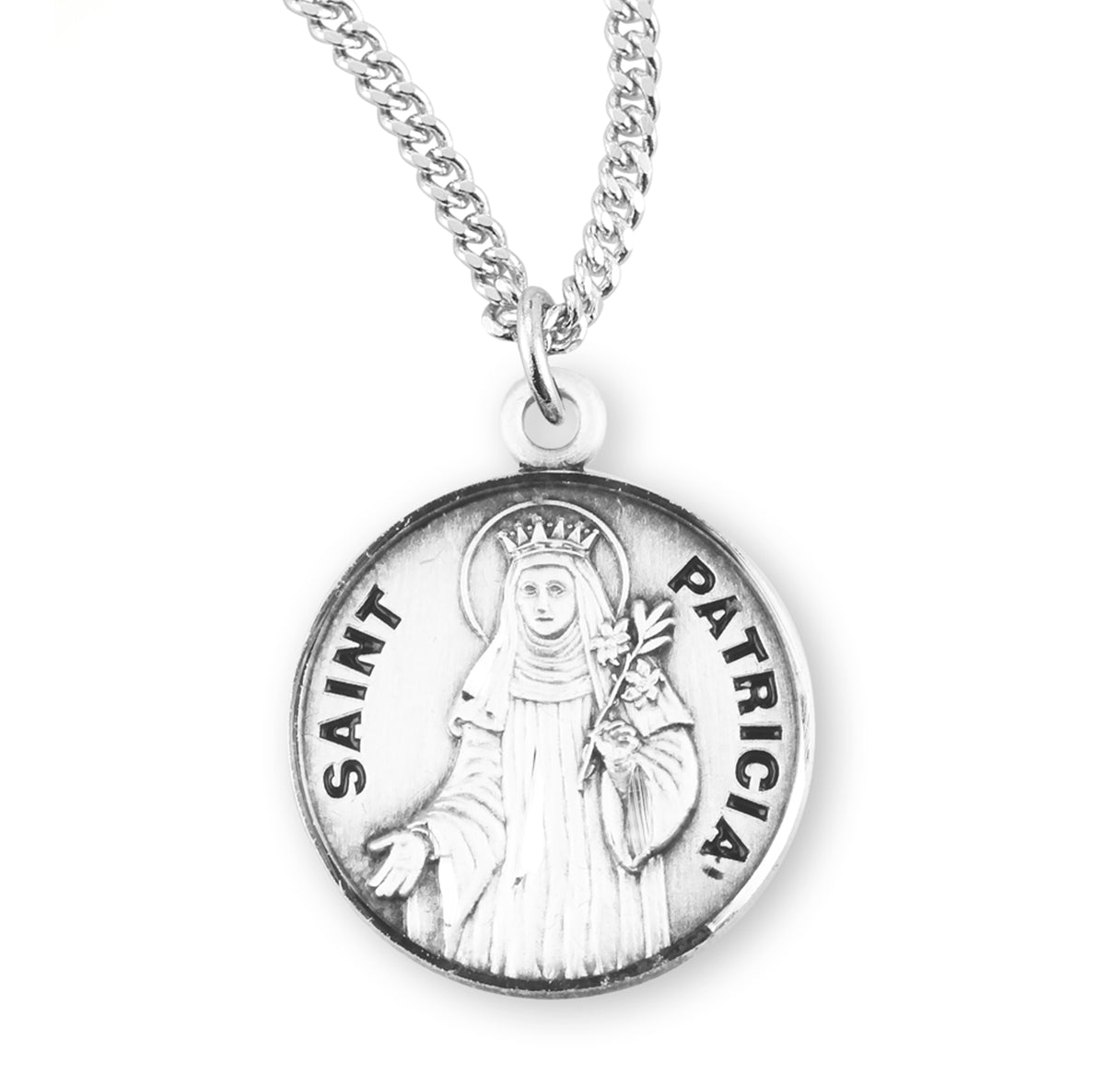 Patron Saint Patricia Round Sterling Silver Medal Pendant with Chain