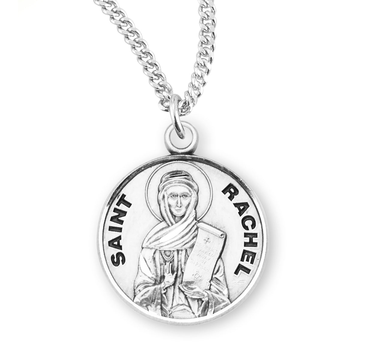 Patron Saint Rachel Round Sterling Silver Medal Pendant with Chain