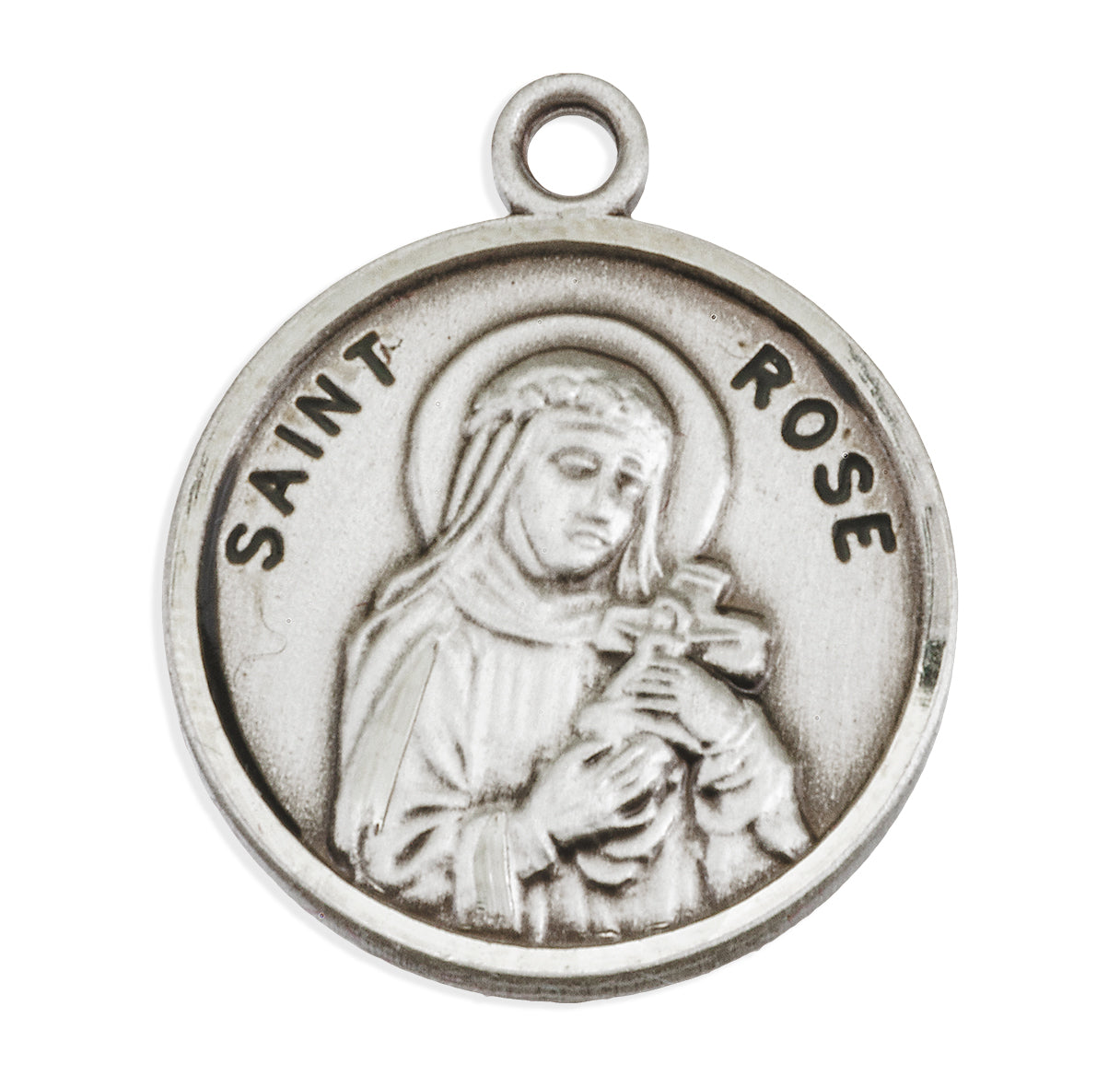 Patron Saint Rose Round Sterling Silver Medal Pendant with Chain