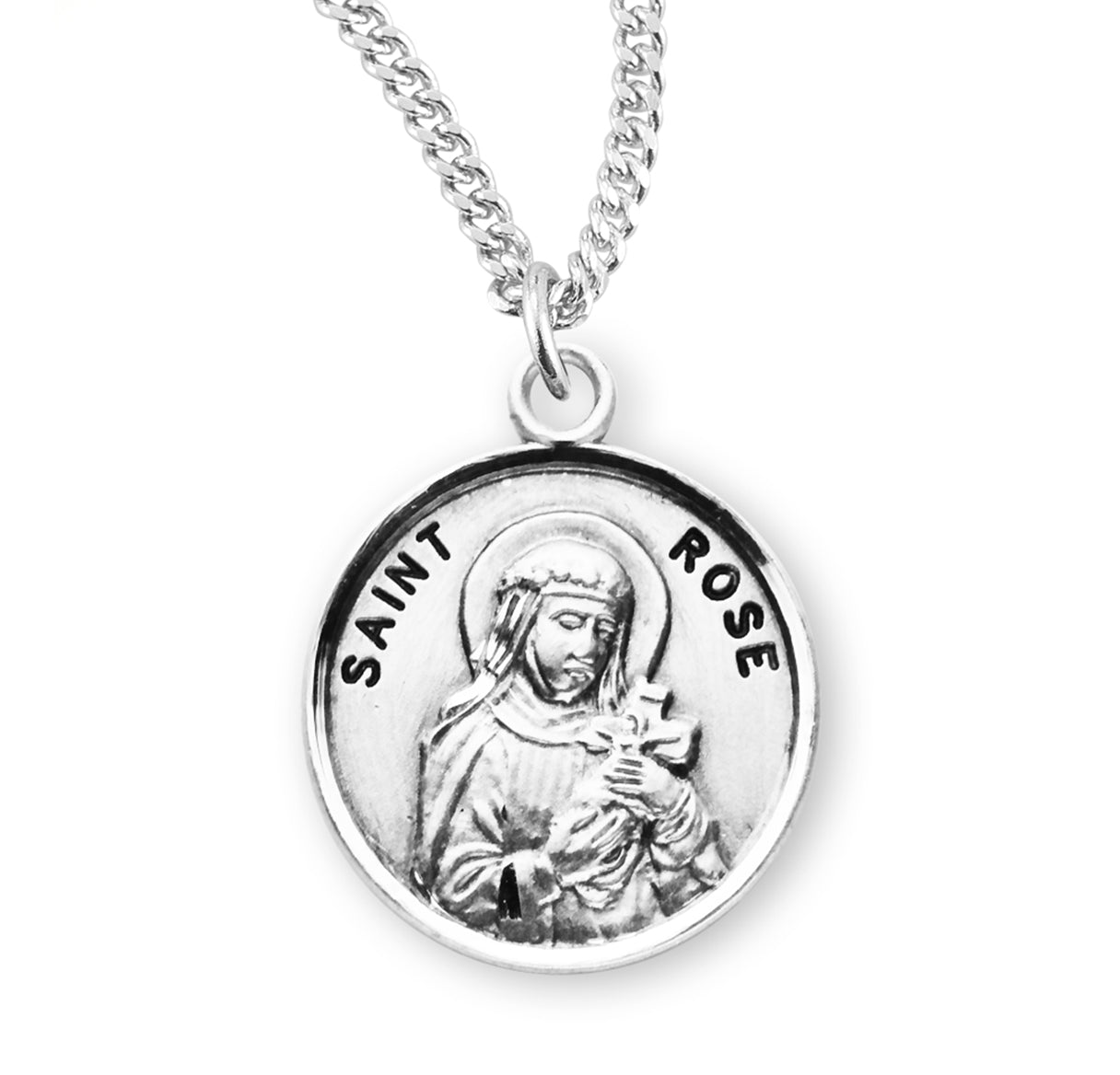 Patron Saint Rose Round Sterling Silver Medal Pendant with Chain