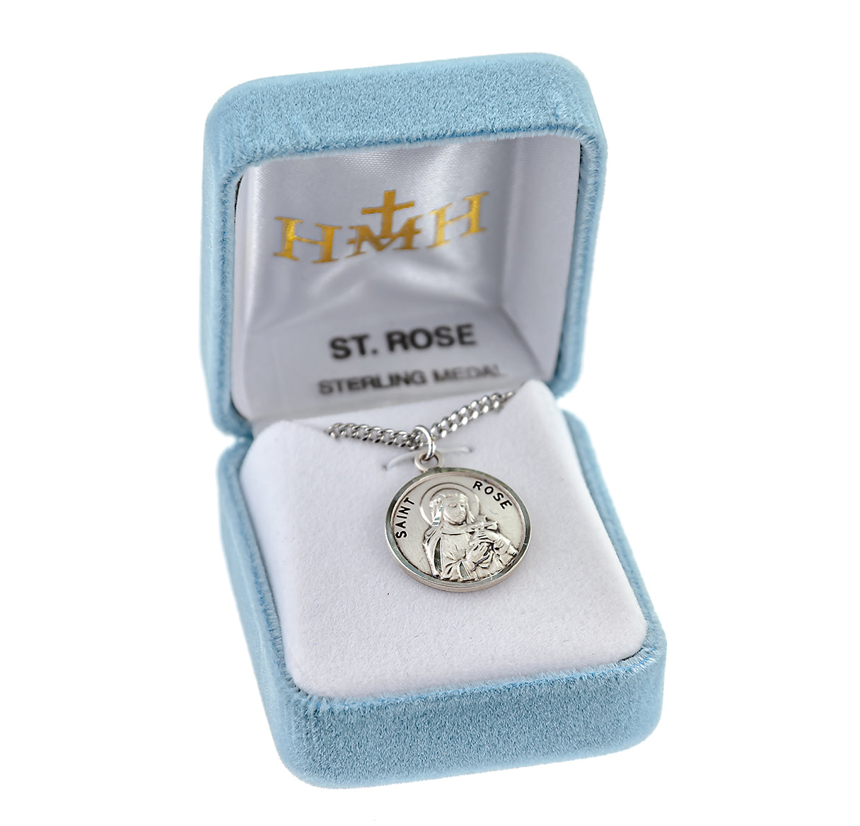 Patron Saint Rose Round Sterling Silver Medal Pendant with Chain