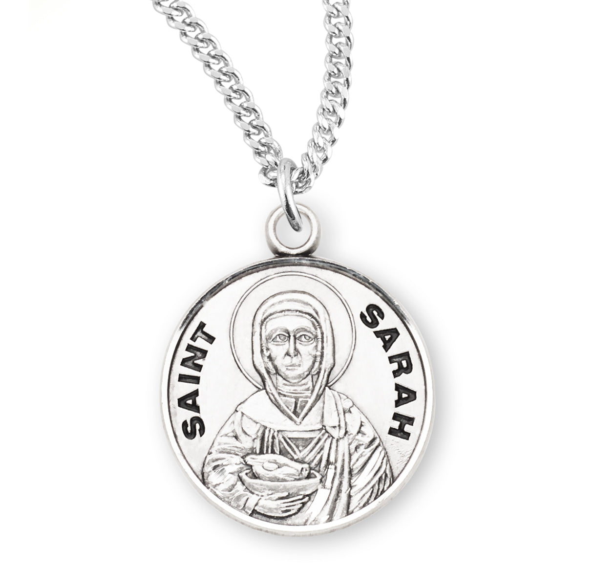 Patron Saint Sarah Round Sterling Silver Medal Pendant with Chain