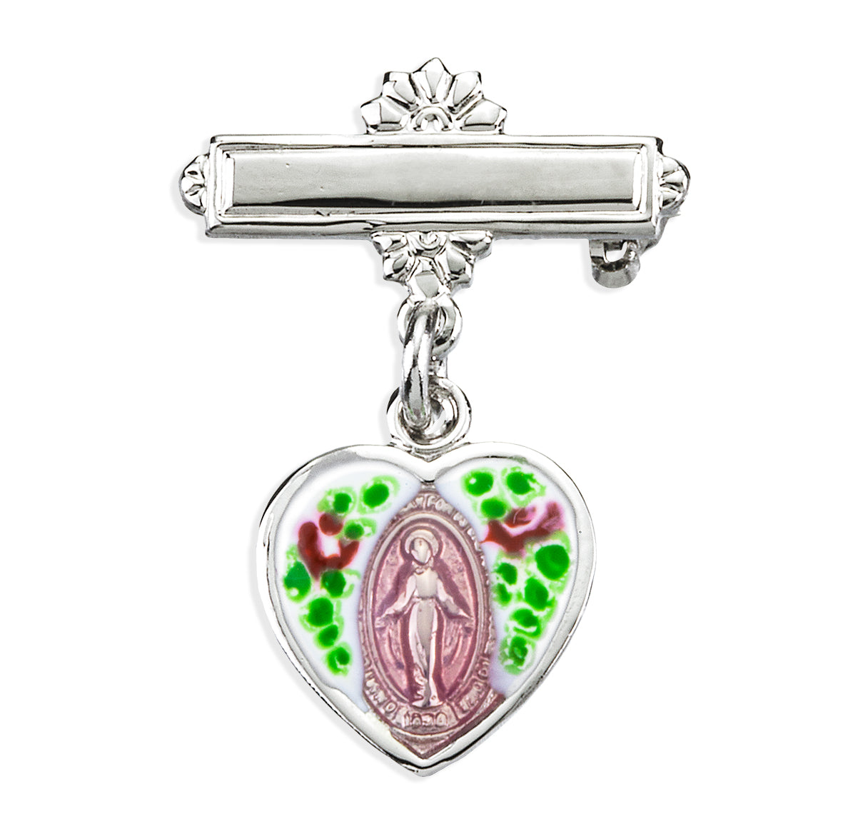 Sterling Silver Heart Shape Baby Miraculous Medal Pink on a Bar Pin
