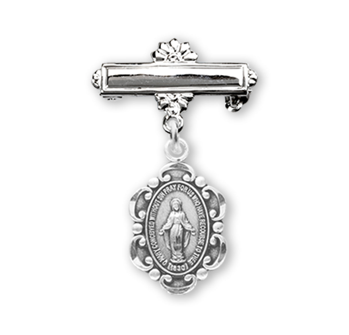 Sterling Silver Scalloped Edge Miraculous Baby Medal on a Bar Pin