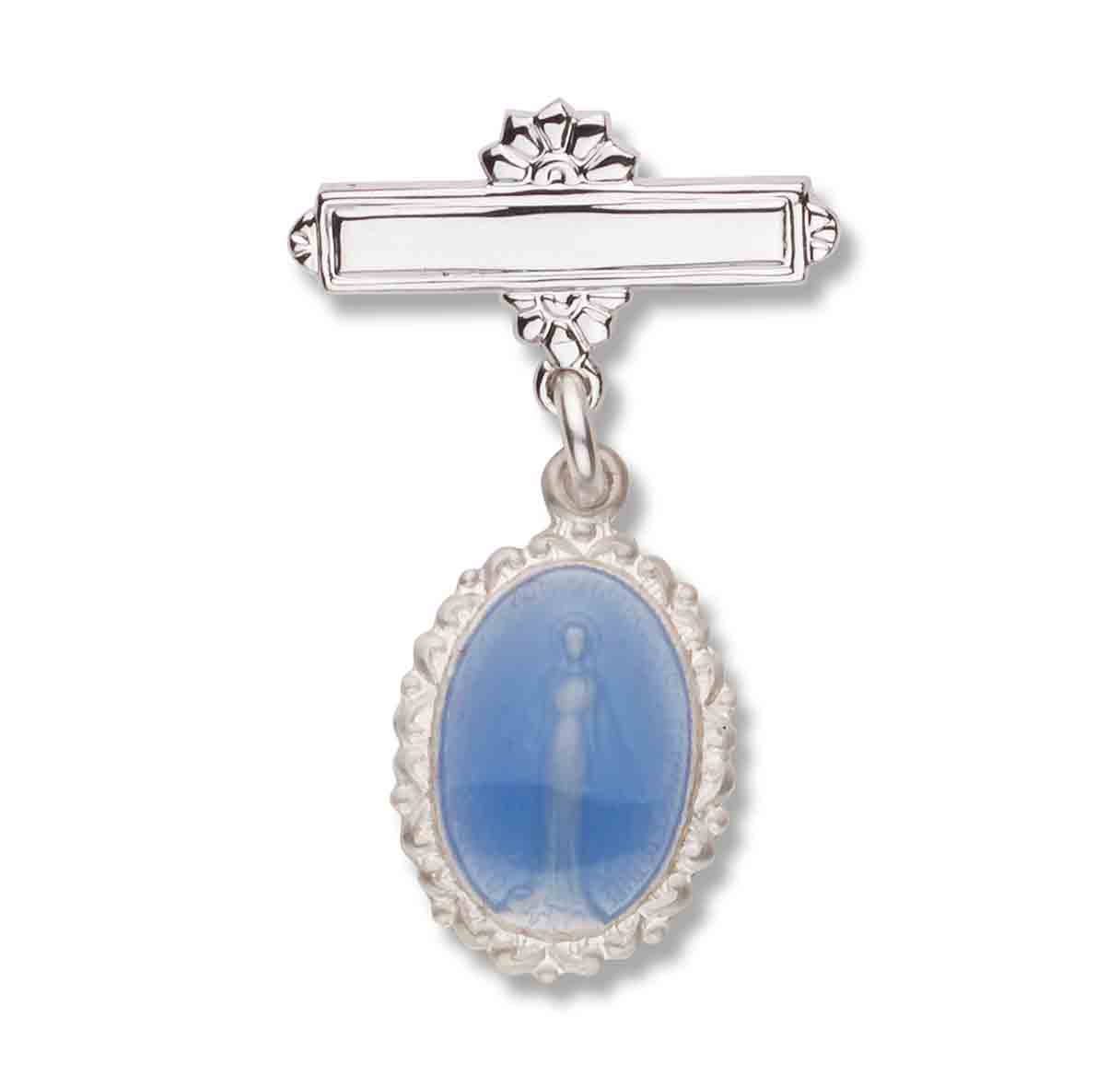 Sterling Silver Oval Fancy Edge Miraculous Baby Medal on a Bar Pin
