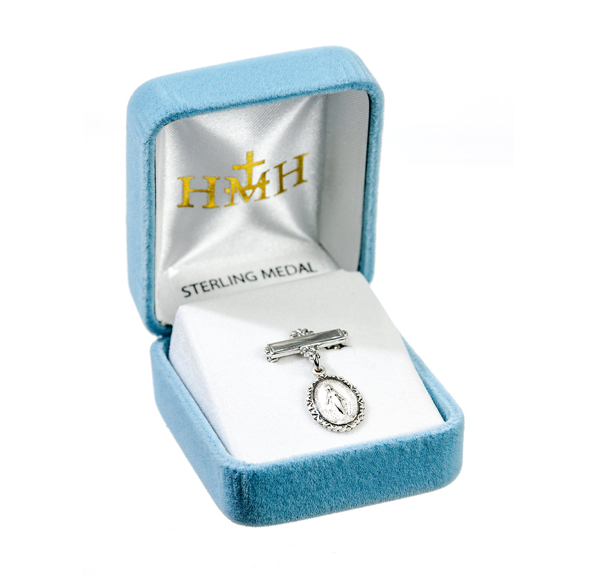 Sterling Silver Oval Fancy Edge Miraculous Baby Medal on a Bar Pin