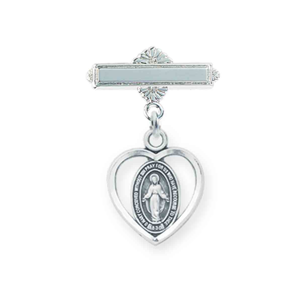 Sterling Silver Pierced Heart Baby Miraculous Medal on a Bar Pin