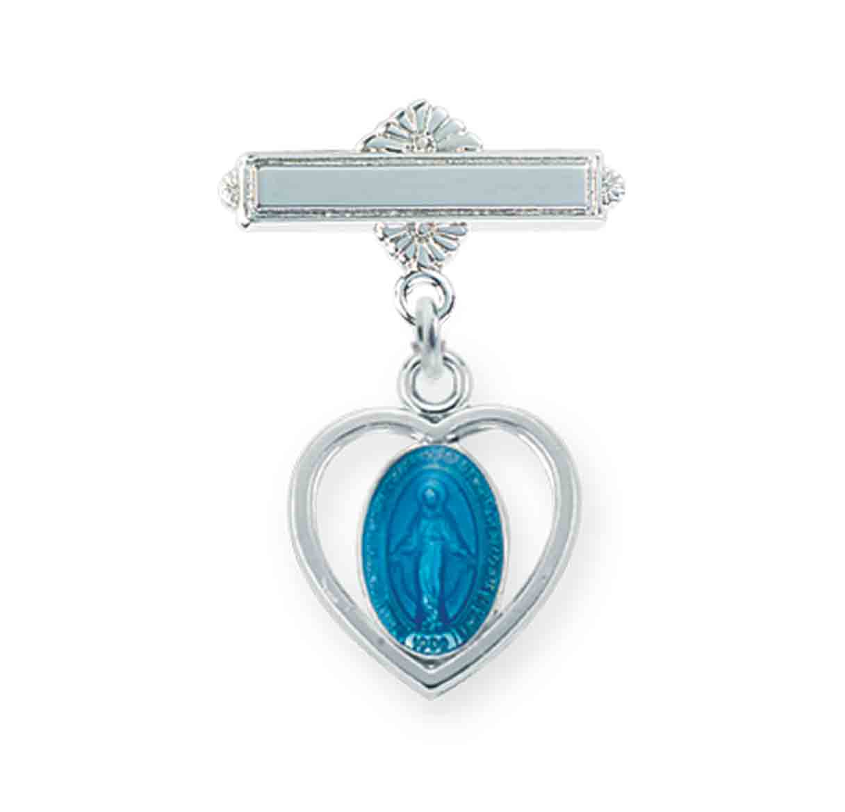 Sterling Silver Pierced Heart Baby Miraculous Medal on a Bar Pin