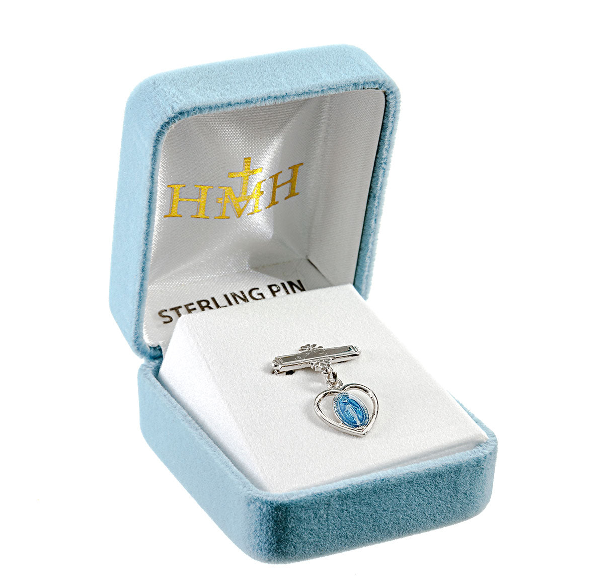 Sterling Silver Pierced Heart Baby Miraculous Medal Blue on a Bar Pin
