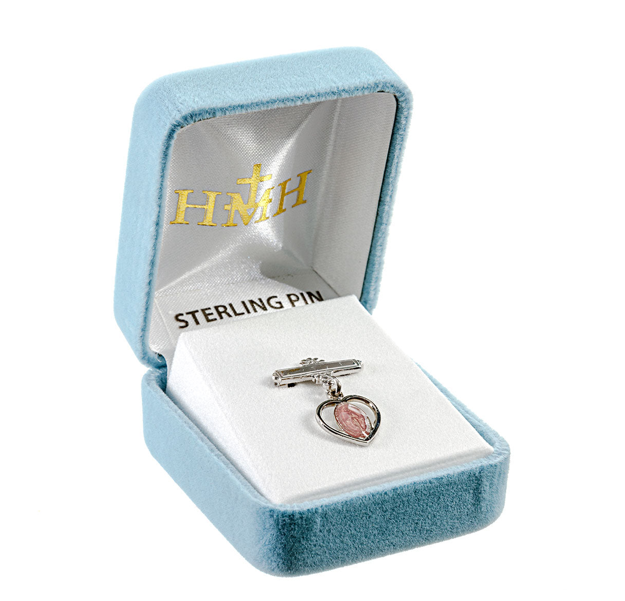 Sterling Silver Pierced Heart Baby Miraculous Medal Pink on a Bar Pin