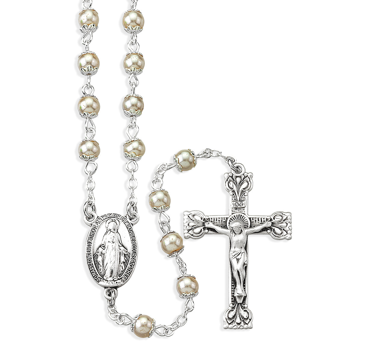 White Imitation Pearl Capped Rosary