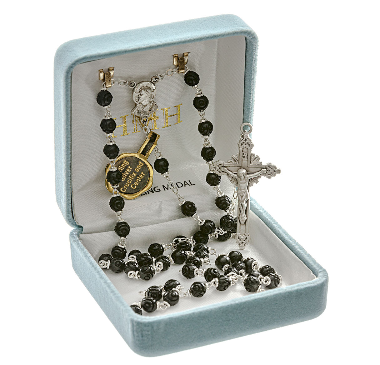Black Carved Genuine Cocoa Bead Rosary Sterling Crucifix and Centerpiece