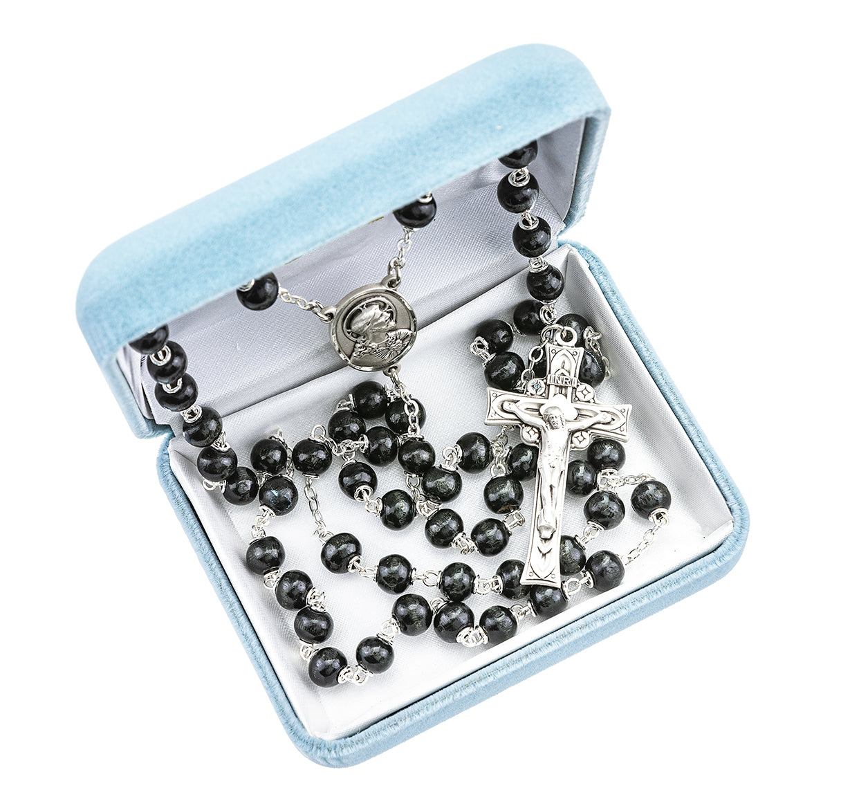 Black Round Boxwood Rosary Sterling Crucifix and Centerpiece