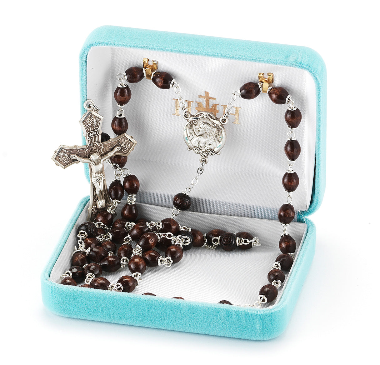 Maroon Oval Boxwood Rosary Sterling Crucifix and Centerpiece