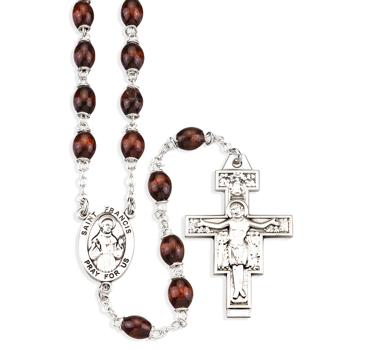 Sterling Silver St. Francis 7 Decade Rosary - Brown Boxwood 6mm x 9mm Oval Beads