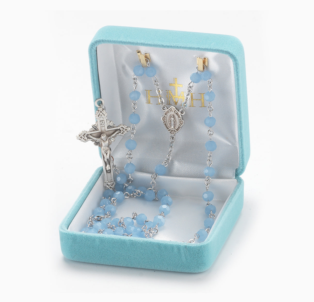 Rosary Sterling Crucifix and Centerpiece Created with finest Austrian Crystal 5mm Round Blue Opal Beads by HMH