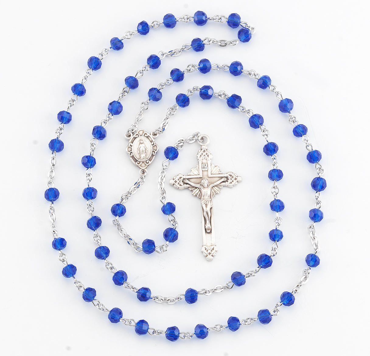 Rosary Sterling Crucifix and Centerpiece Created with finest Austrian Crystal 5mm Round Caribbean Blue Beads by HMH