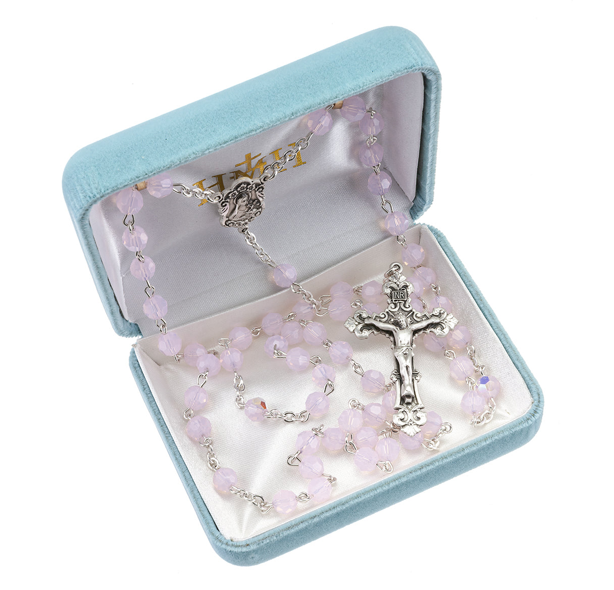 Rosary Sterling Crucifix and Centerpiece Created with finest Austrian Crystal 6mm Faceted Round Rose Opal Beads by HMH