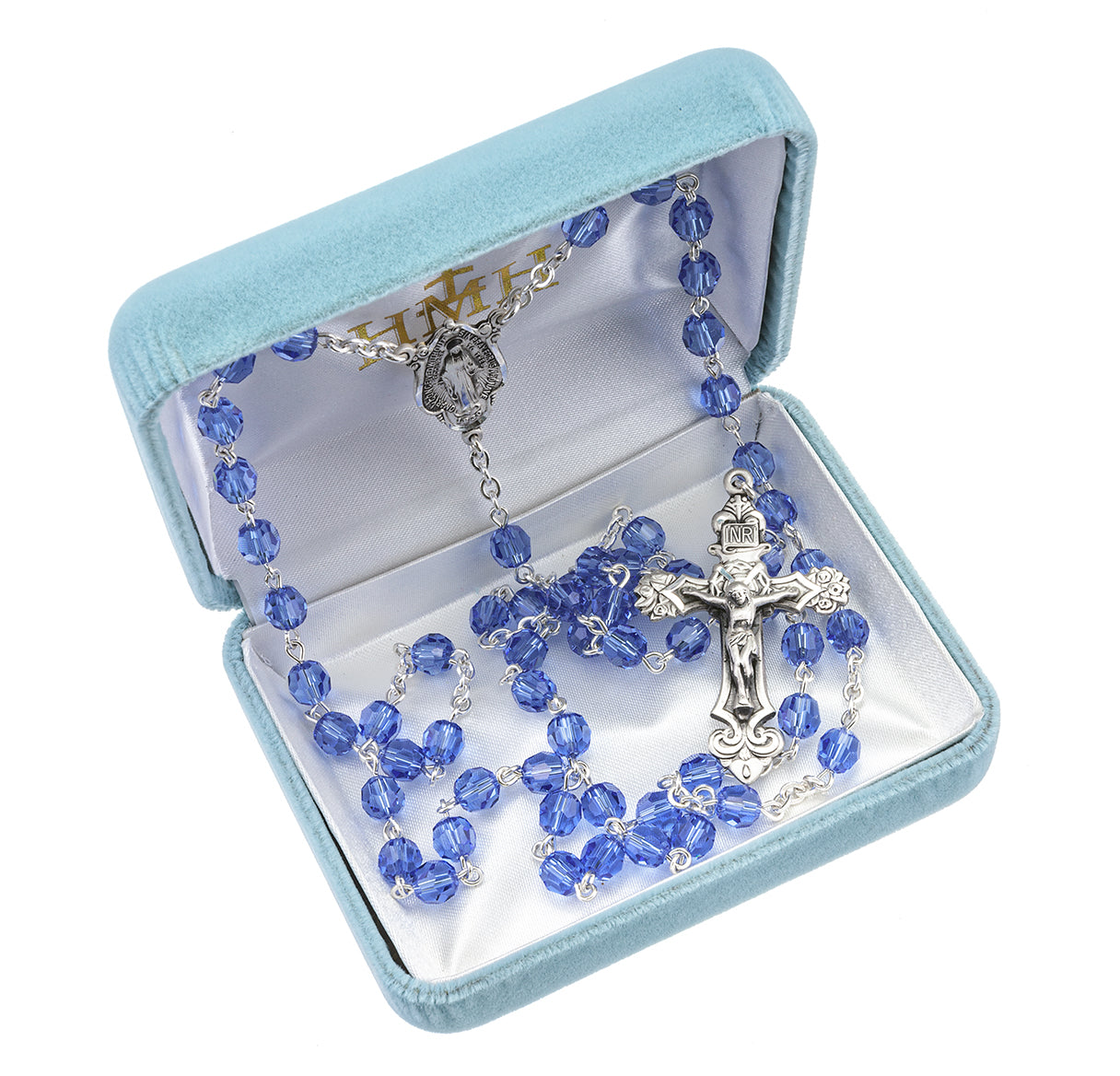Rosary Sterling Crucifix and Centerpiece Created with finest Austrian Crystal 6mm Faceted Round Sapphire Beads by HMH