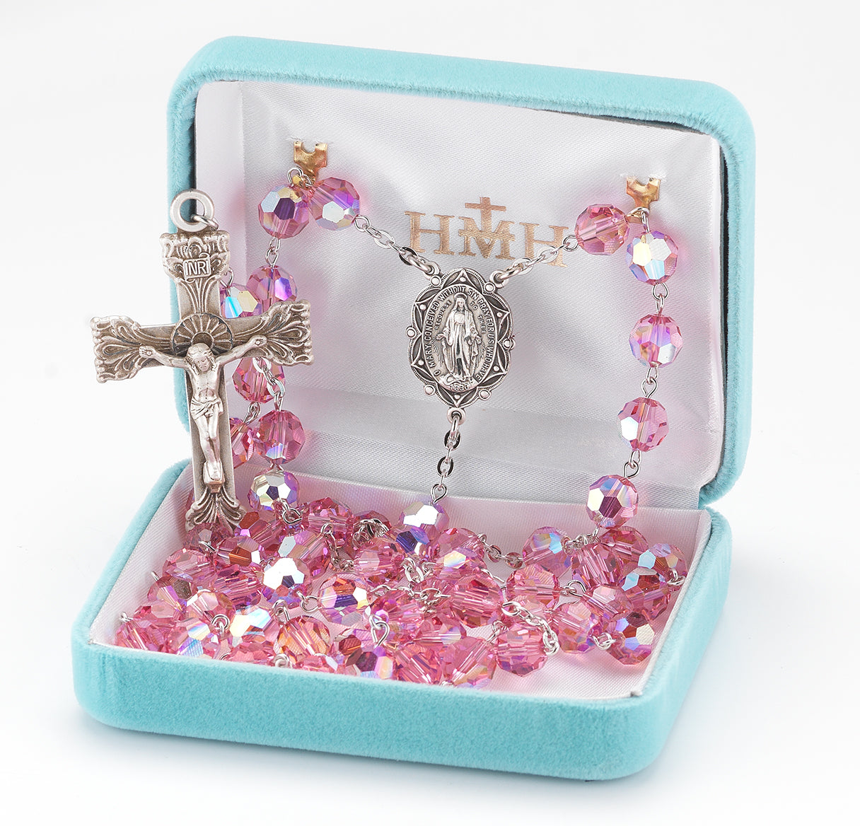 Rosary Sterling Crucifix and Centerpiece Created with finest Austrian Crystal 8mm Beads in Pink by HMH
