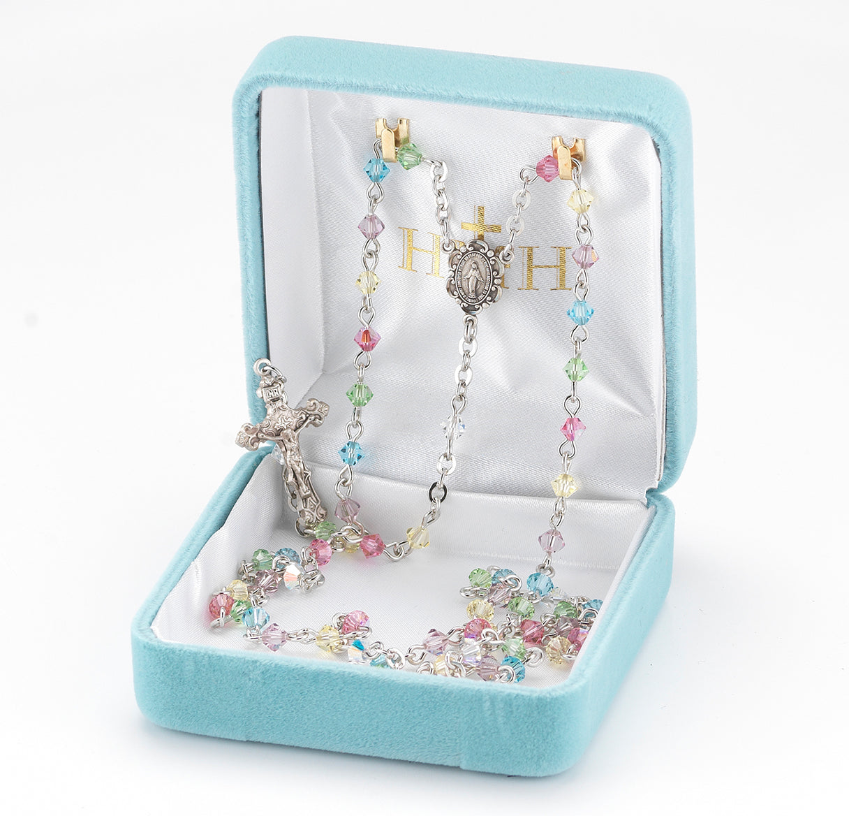 Rosary Sterling Crucifix and Centerpiece Created with finest Austrian Crystal 4mm Faceted Tin Cut Bicone Beads in Multi-Color by HMH
