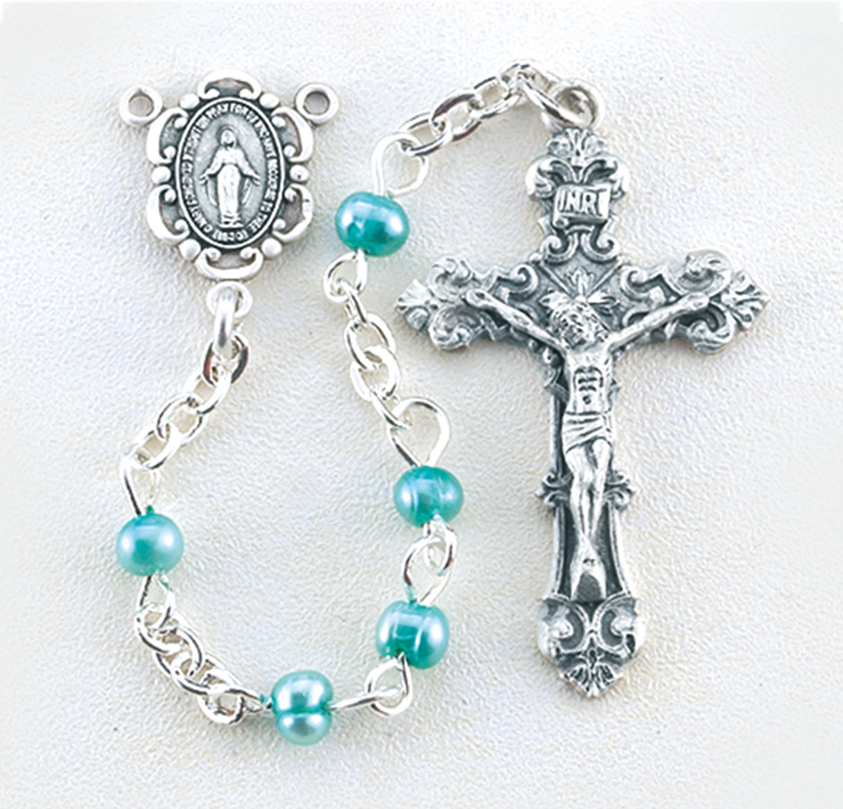 Blue Freshwater Pearl Rosary Sterling Crucifix and Centerpiece | .925 Silver
