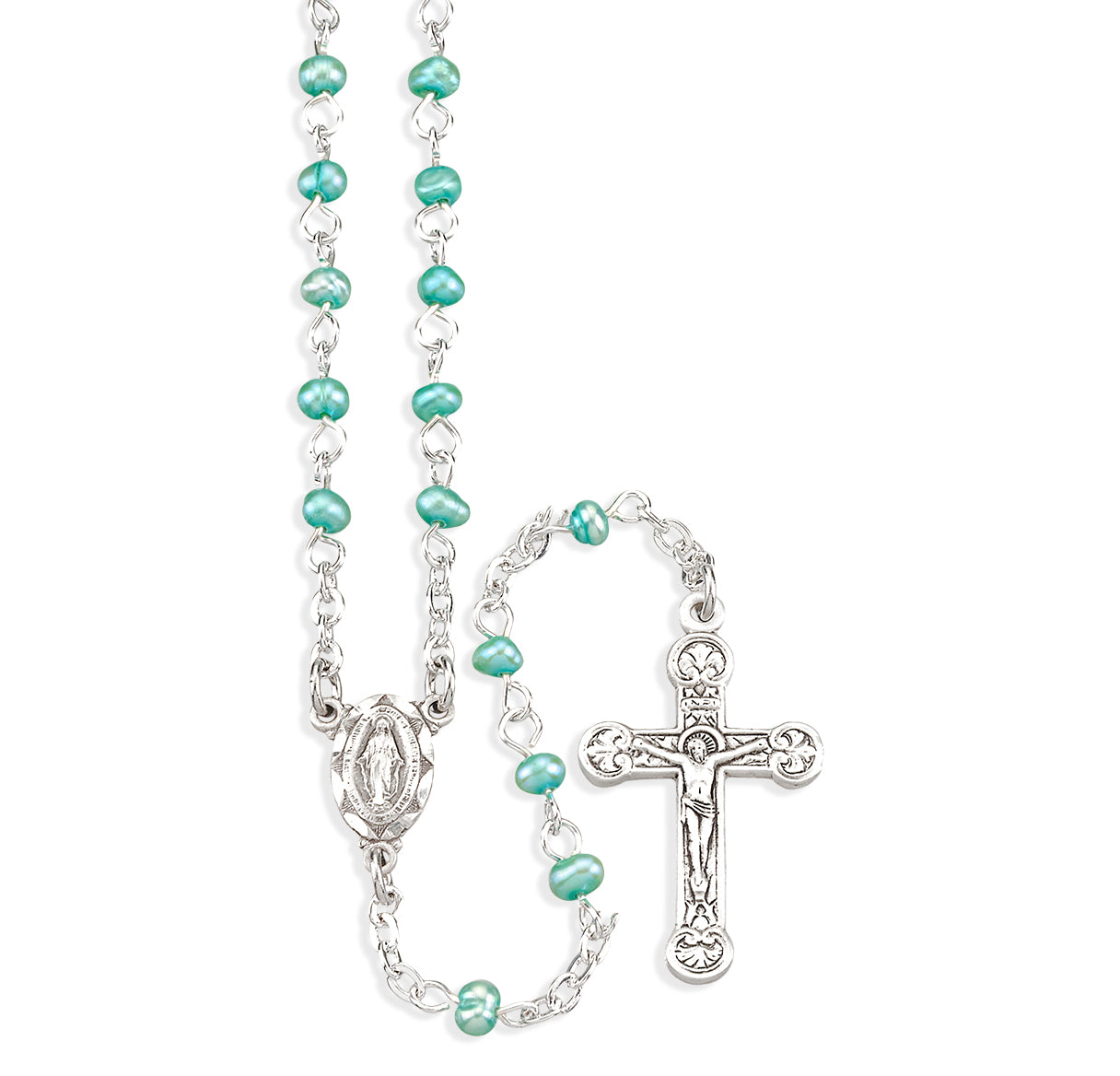 Blue Freshwater Pearl Rosary Sterling Crucifix and Centerpiece | .925 Silver