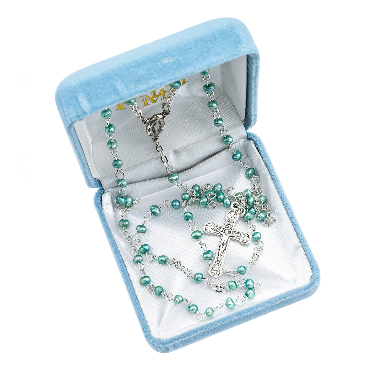 Blue Freshwater Pearl Rosary Sterling Crucifix and Centerpiece | .925 Silver