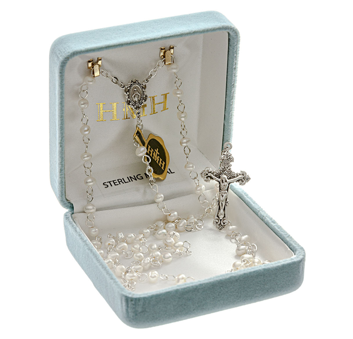 White Freshwater Pearl Rosary Sterling Crucifix and Centerpiece | .925 Silver