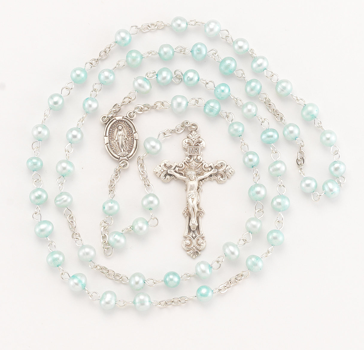 Blue Freshwater Pearl Rosary Sterling Crucifix and Centerpiece | .925 Silver