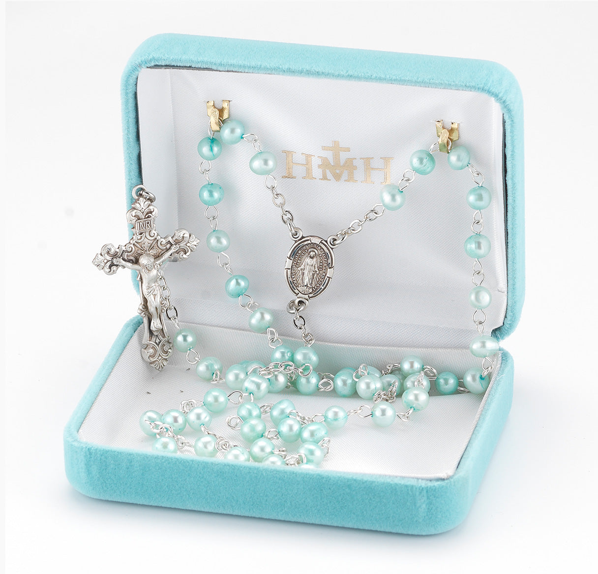 Blue Freshwater Pearl Rosary Sterling Crucifix and Centerpiece | .925 Silver