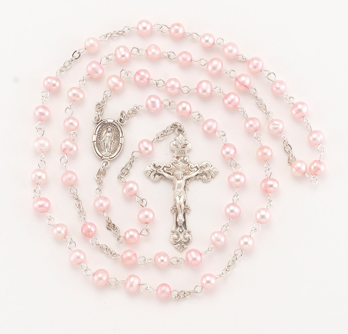 Pink Freshwater Pearl Rosary Sterling Crucifix and Centerpiece | .925 Silver