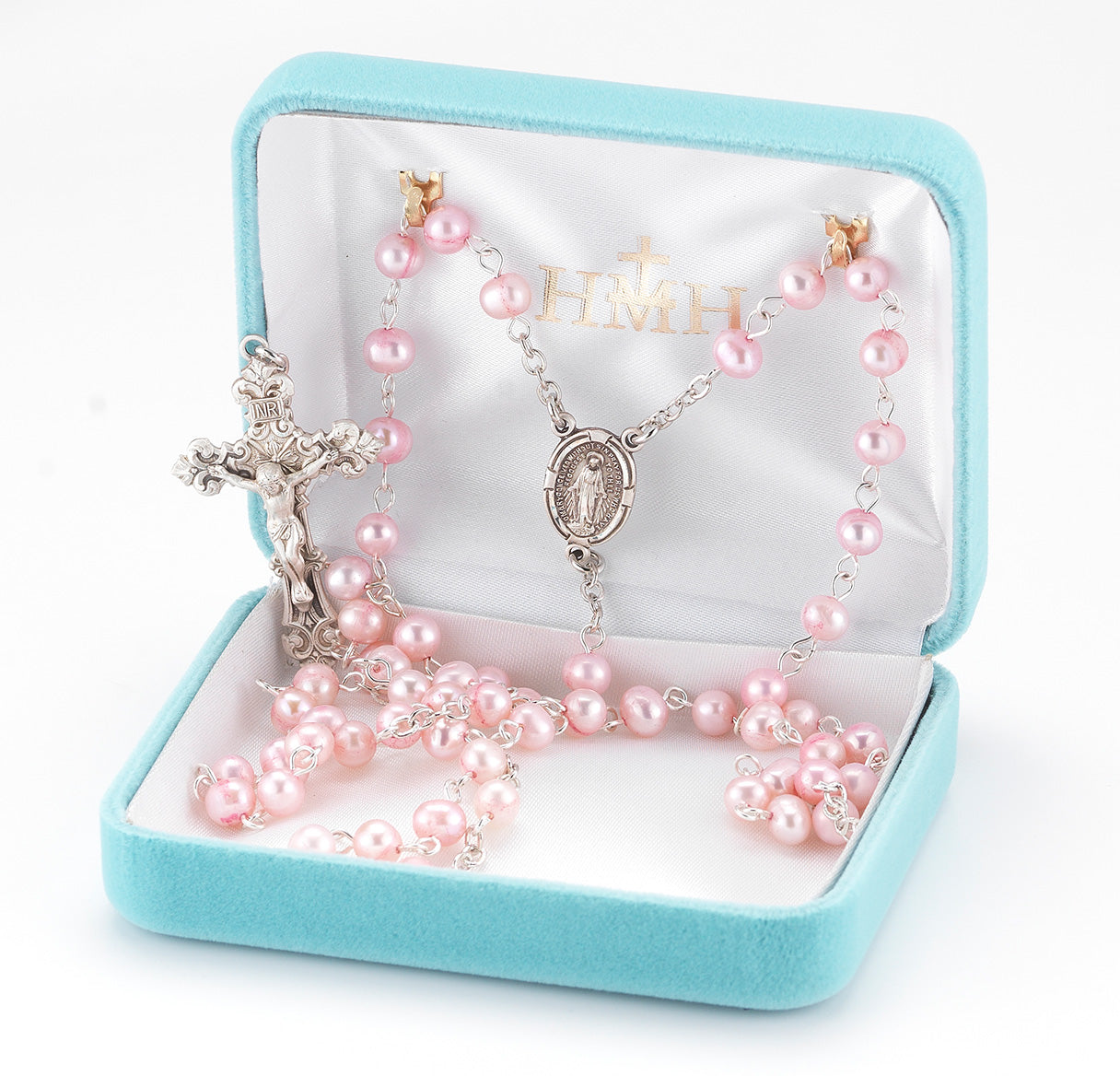 Pink Freshwater Pearl Rosary Sterling Crucifix and Centerpiece | .925 Silver