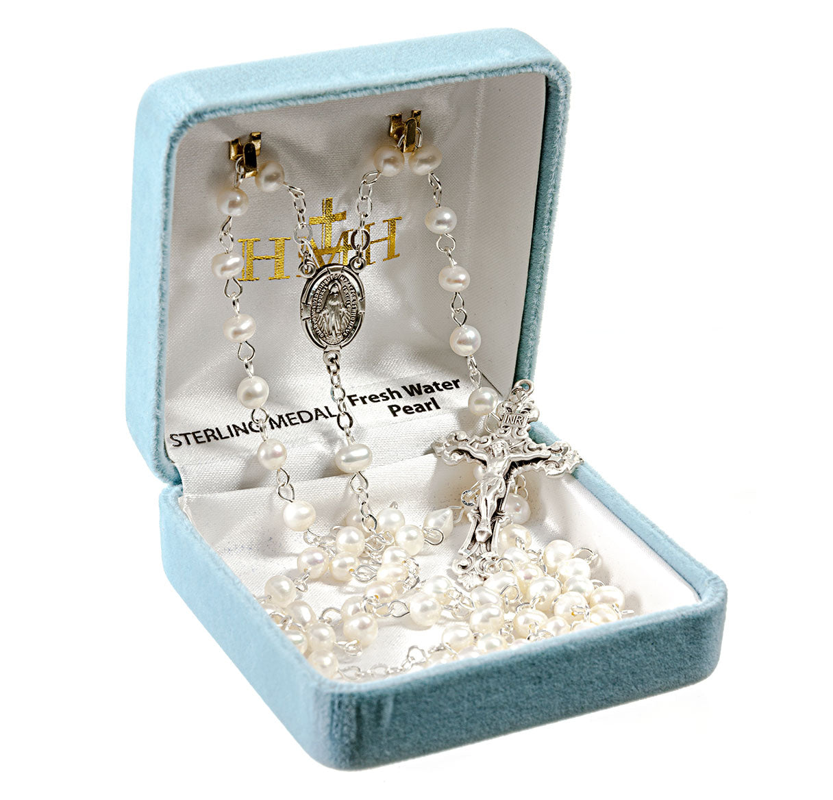 White Freshwater Pearl Rosary Sterling Crucifix and Centerpiece | .925 Silver